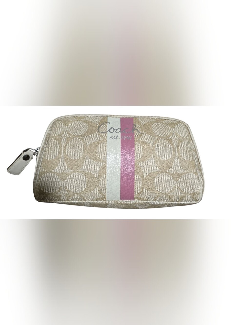 Coach Beige Signature Cosmetic Pouch with Pink and White Stripe